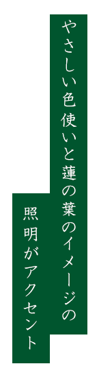 やさしい色使いと蓮の葉のイメージの照明がアクセント